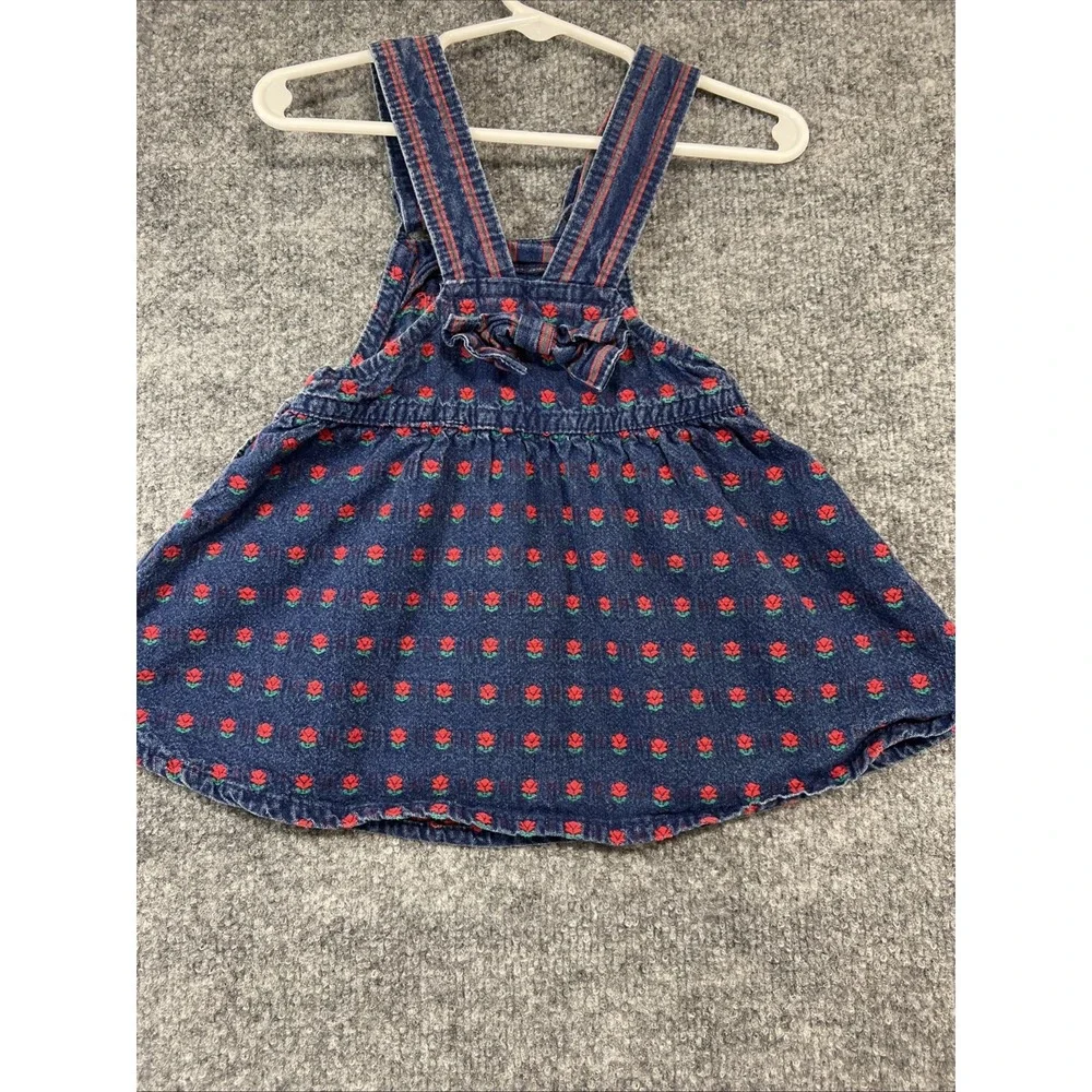 Rare Vintage OshKosh B'Gosh Floral Rose Denim Jumper Dress 18M Made in USA